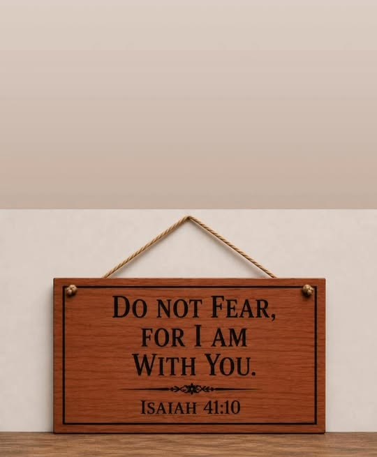 Hardwood hanging sign engraved with Do not fear, for I am with you, Isaiah 41:10, strung on a rope.