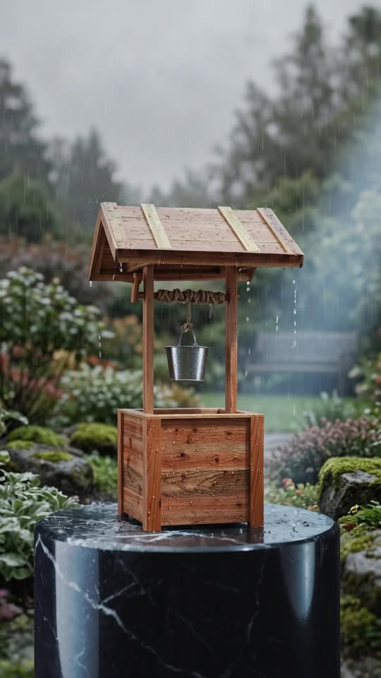 Wishing well planter standing in a rain-soaked garden, water running off the pitched roof.